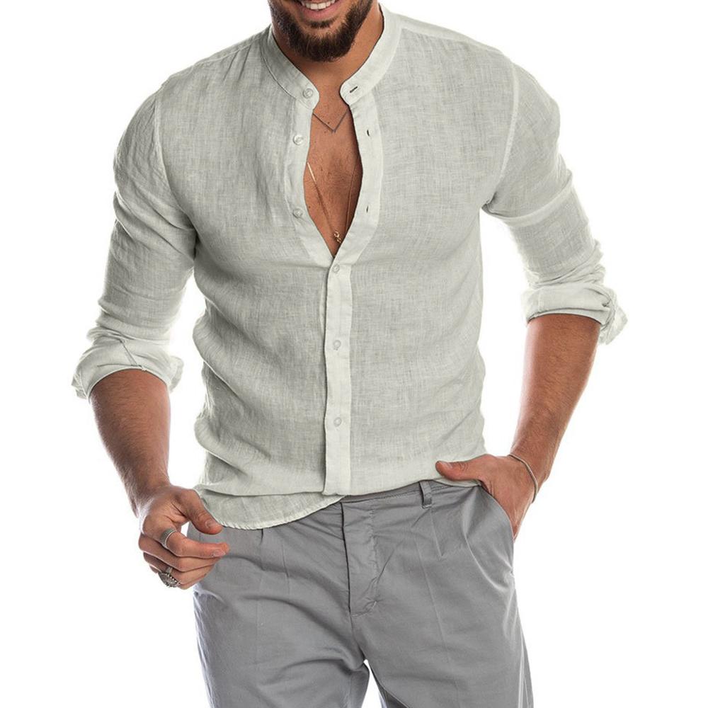 Heath - Chemise en lin à col montant pour homme, manches longues