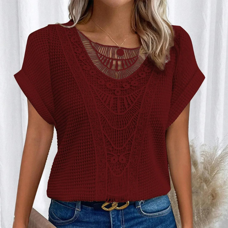 Women's Waffle-Knit Tee with Lace Front Panel