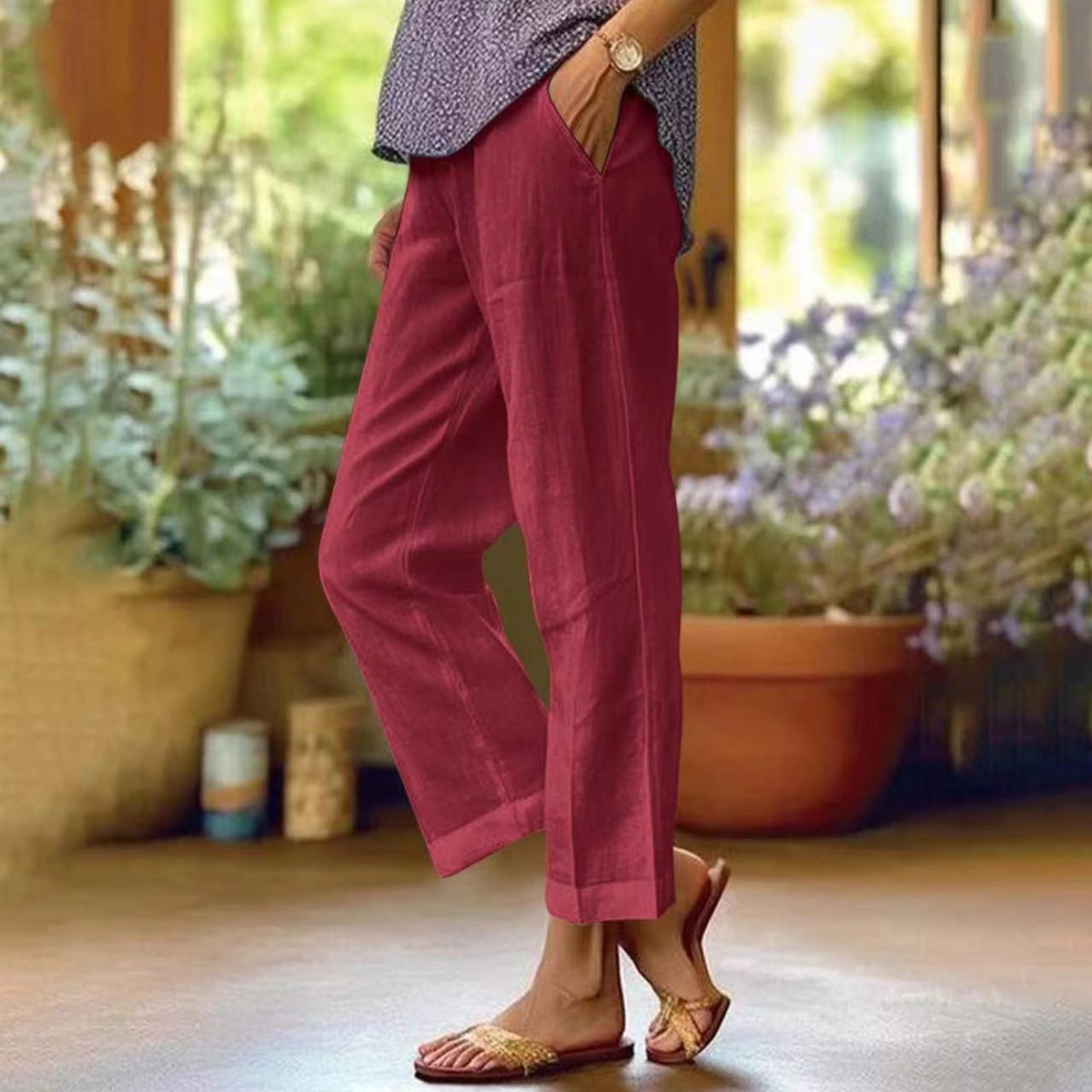 Women's Cropped Linen-Look Straight-Leg Trousers with Turn-Up Hem