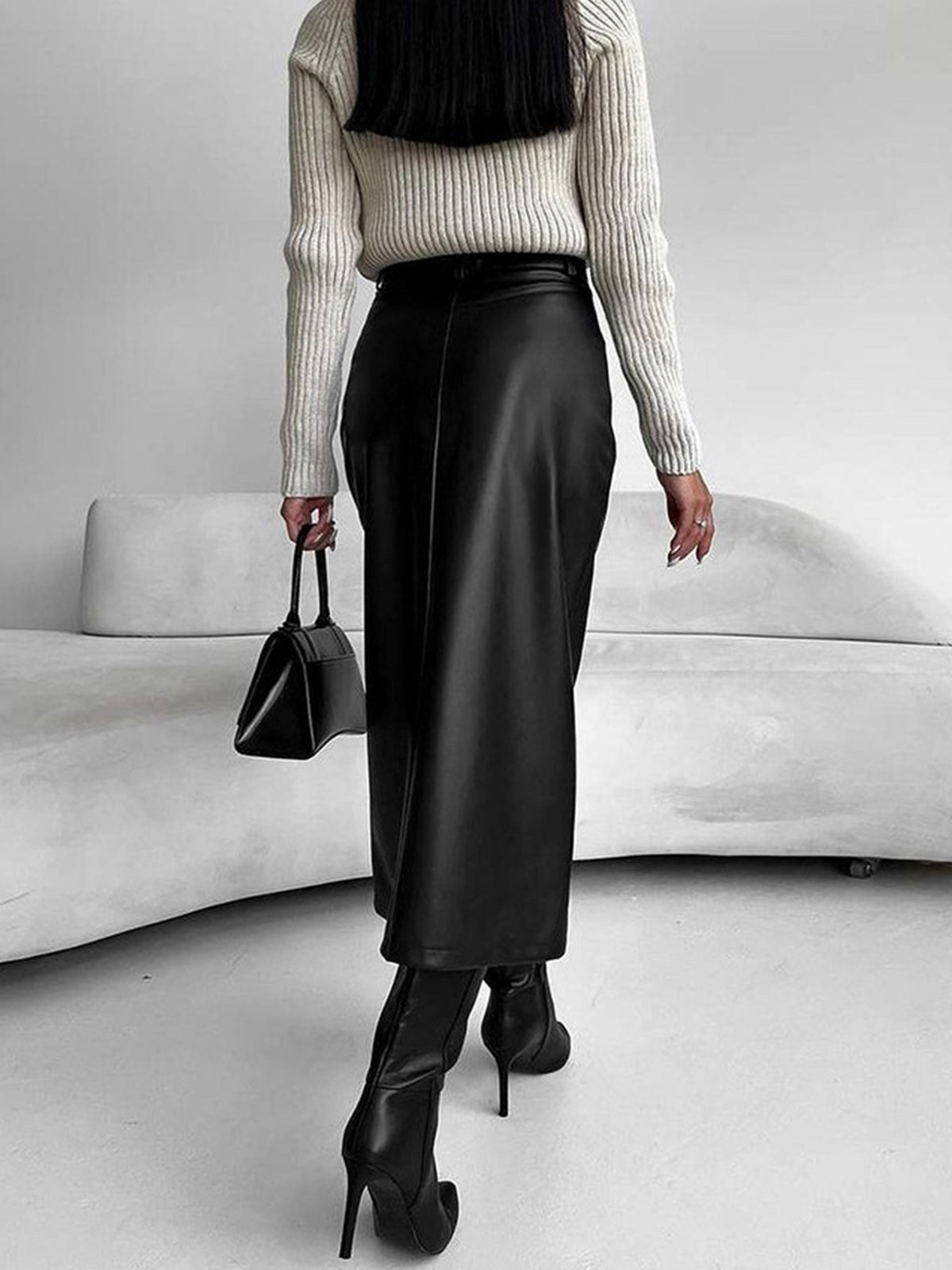 Women's Faux Leather Pencil Midi Skirt with Front Split