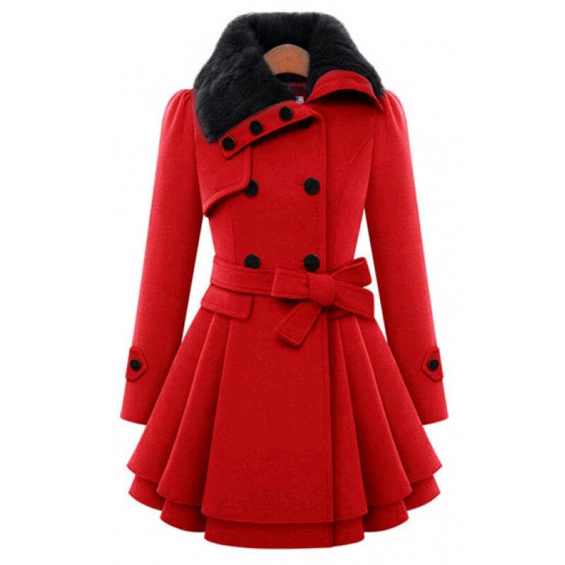 Women's Belted Wool-Blend Coat with Faux Fur Collar