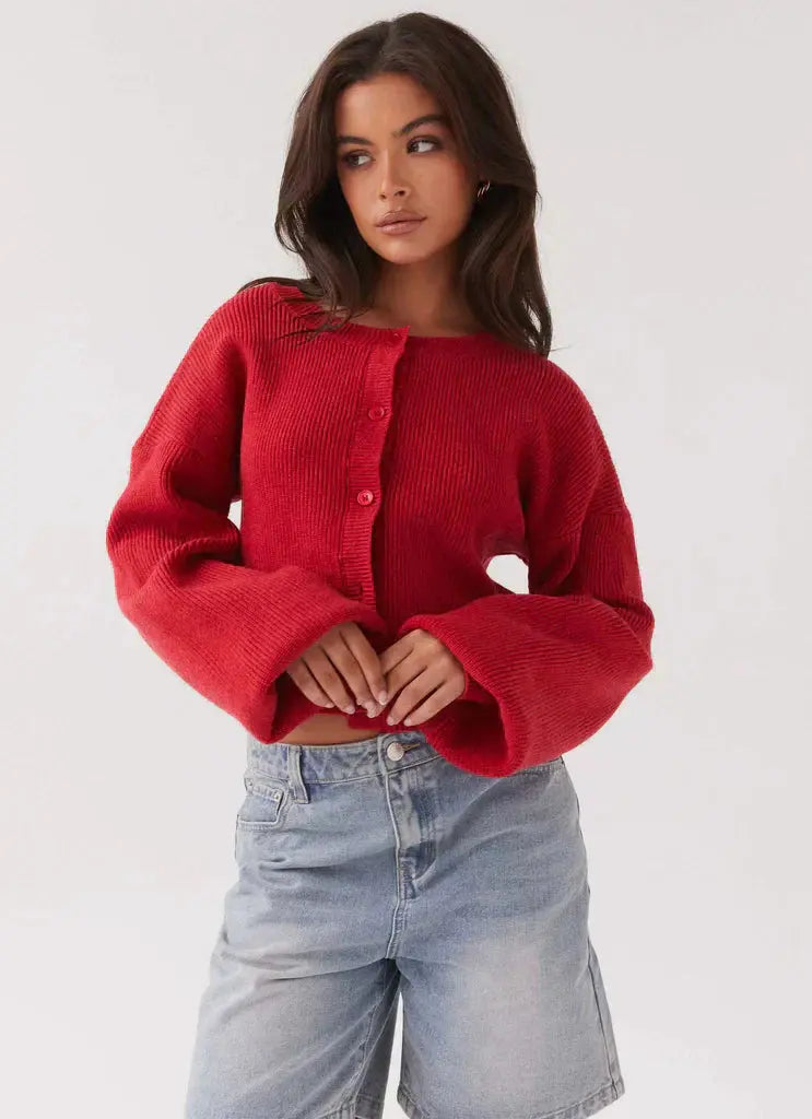 Women's Classic Red Button-Front Knit Cardigan