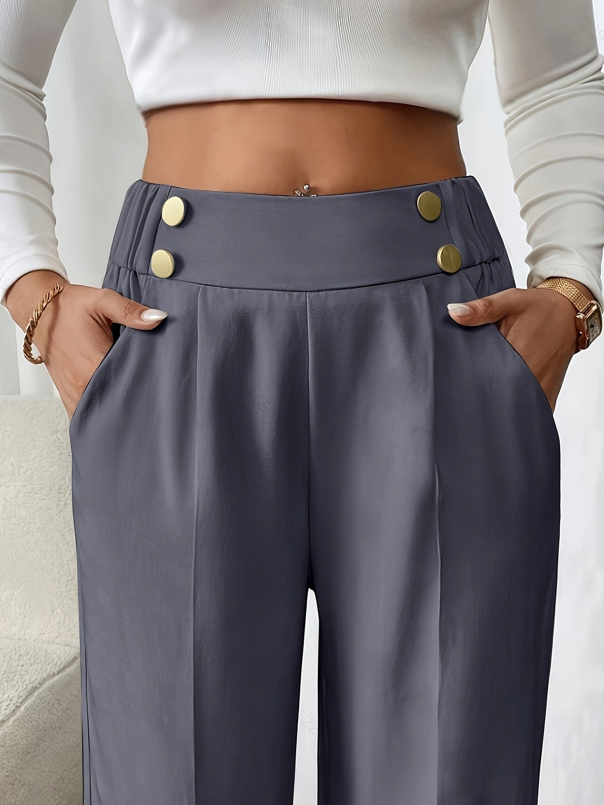 Women's Wide-Leg Trousers with Gold-Tone Button Waistband