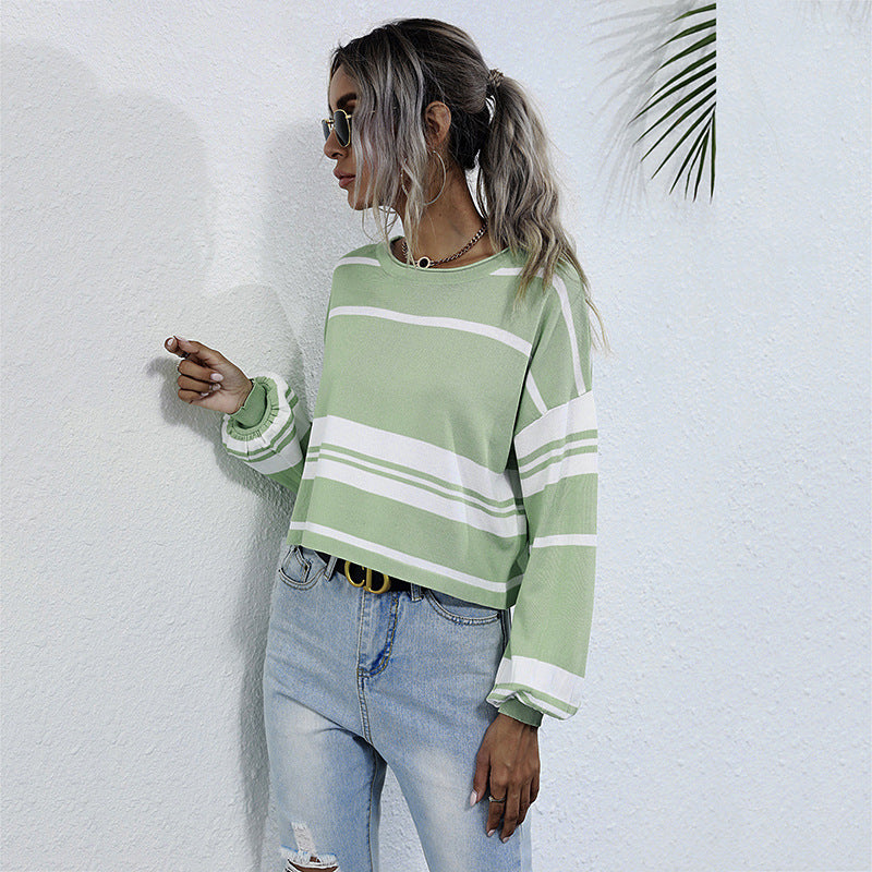 Women's Green Striped Crew-Neck Sweatshirt