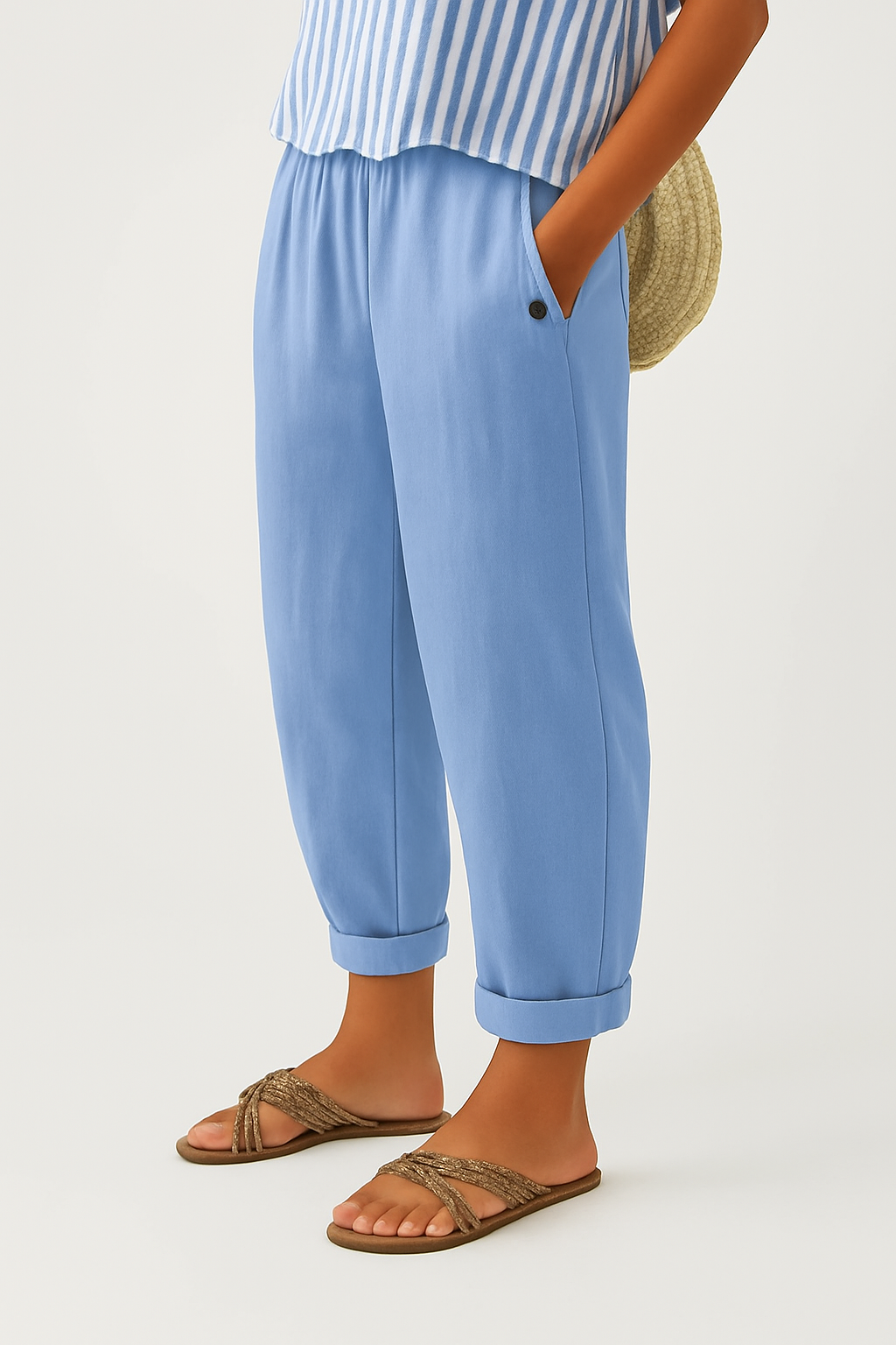 Women's Linen-Look Tapered Trousers with Cuffed Hem
