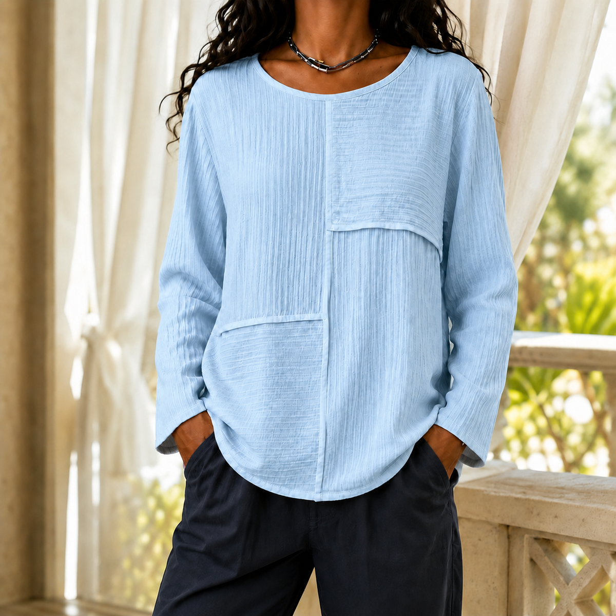 Women's Mixed-Texture Long-Sleeve Top