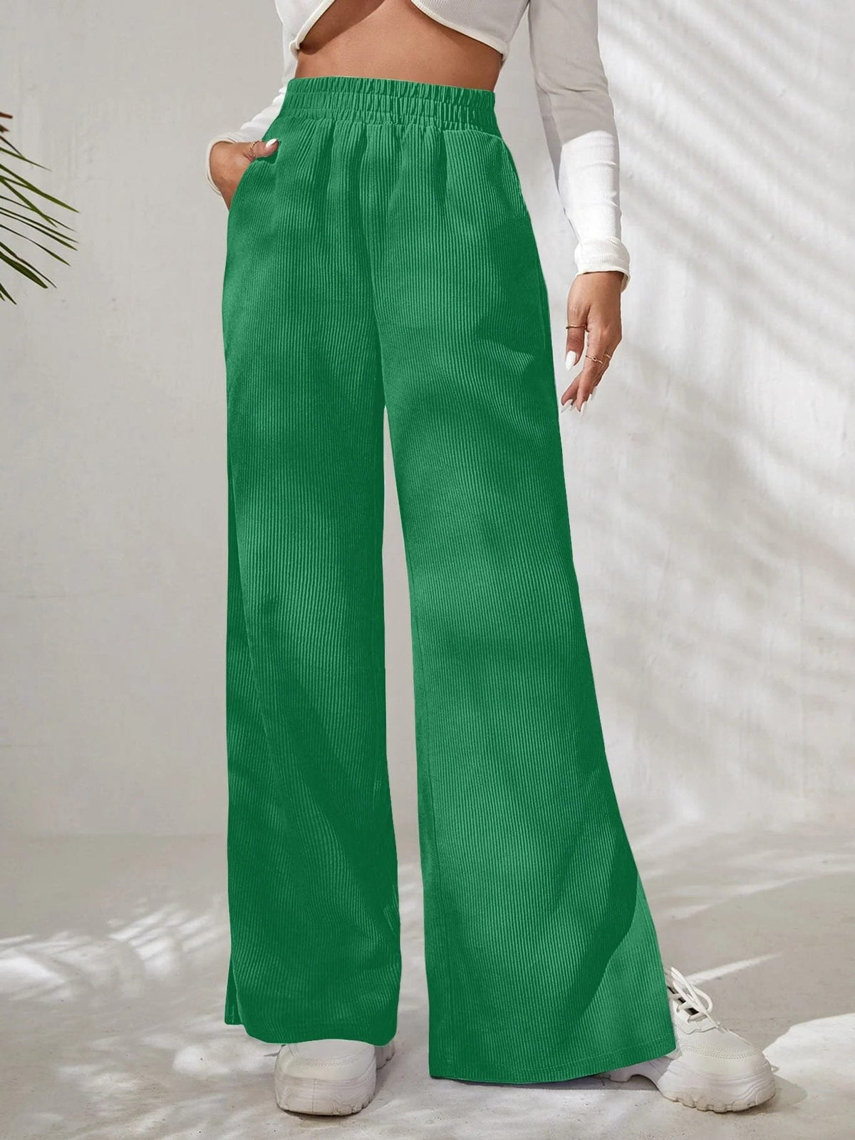 Women's Elasticated Wide-Leg Corduroy Trousers with Side Slits
