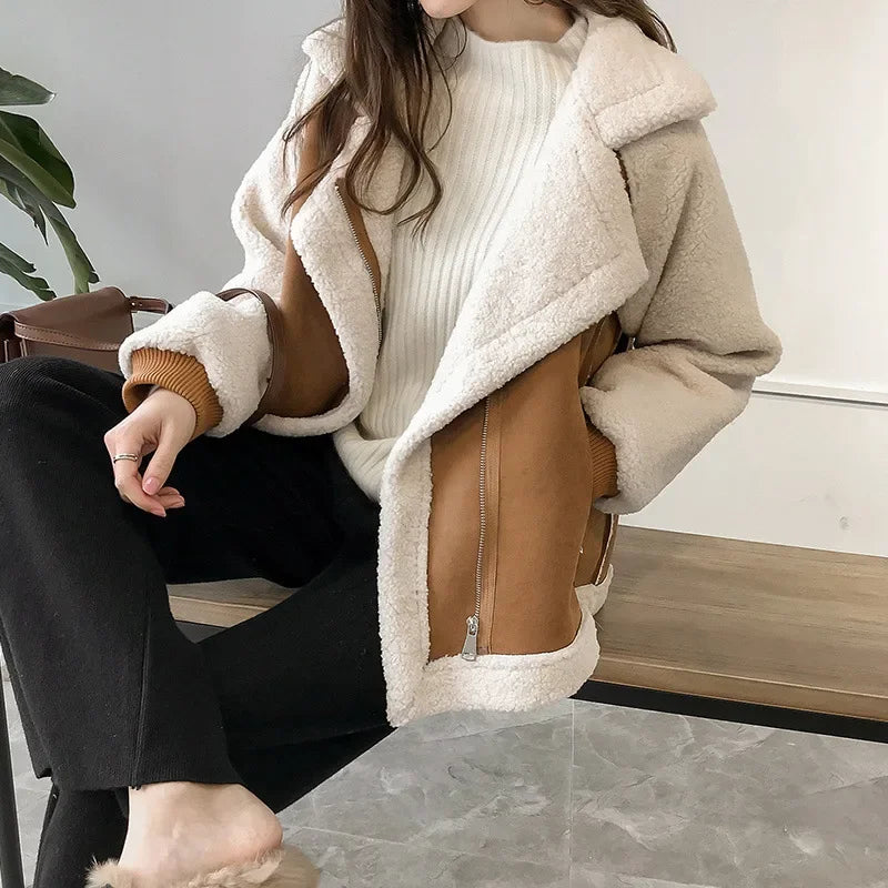 Women's Faux Suede Aviator Jacket with Faux Shearling Trim