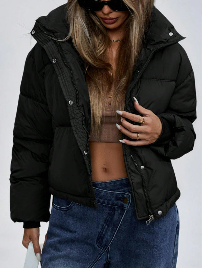 Women's Short Puffer Jacket with Stand Collar and Zip Front