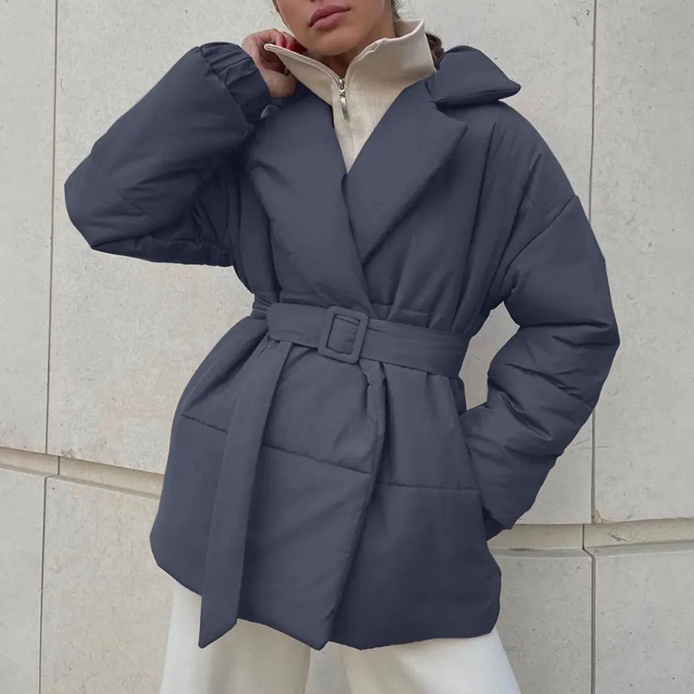 Women's Belted Puffer Jacket with Wrap-Front Lapel Collar