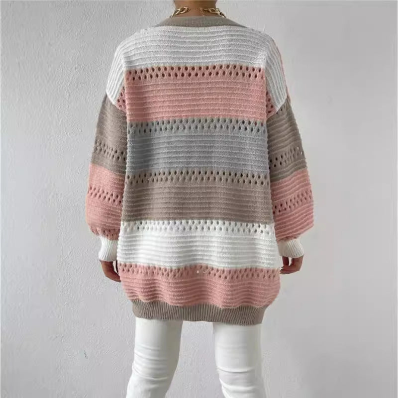 Women's Colour-Block Pointelle Longline Cardigan