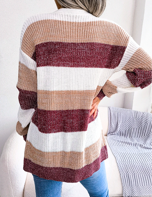 Women's Longline Colour-Block Striped Cardigan