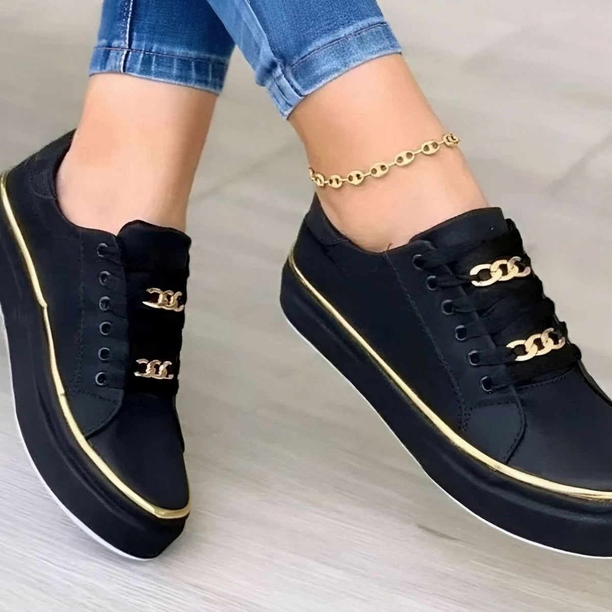 Women's Orthopaedic Gold-Accent Platform Trainers with Chain Laces