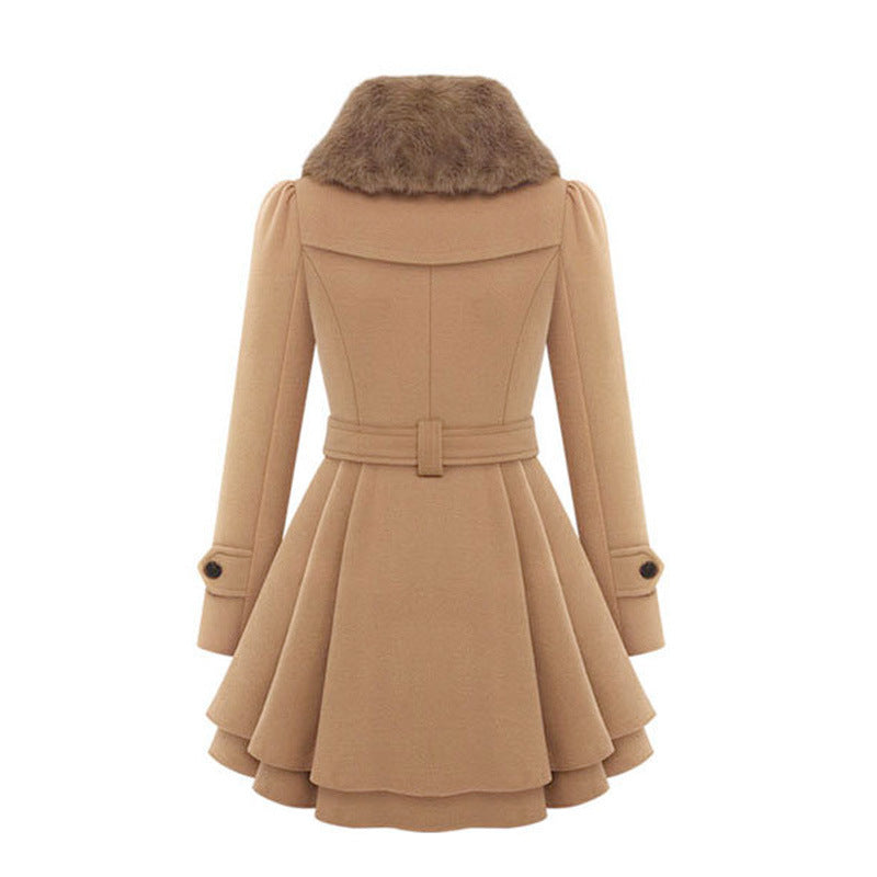 Women's Belted Faux Fur Trim Winter Coat