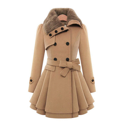 Women's Belted Faux Fur Trim Winter Coat