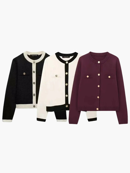 Women's Gold Button Round-Neck Knit Cardigan