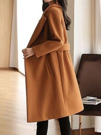 Women's Elegant Belted Longline Trench Coat with Notch Lapels
