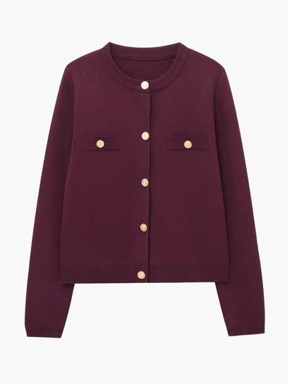 Women's Gold Button Round-Neck Knit Cardigan