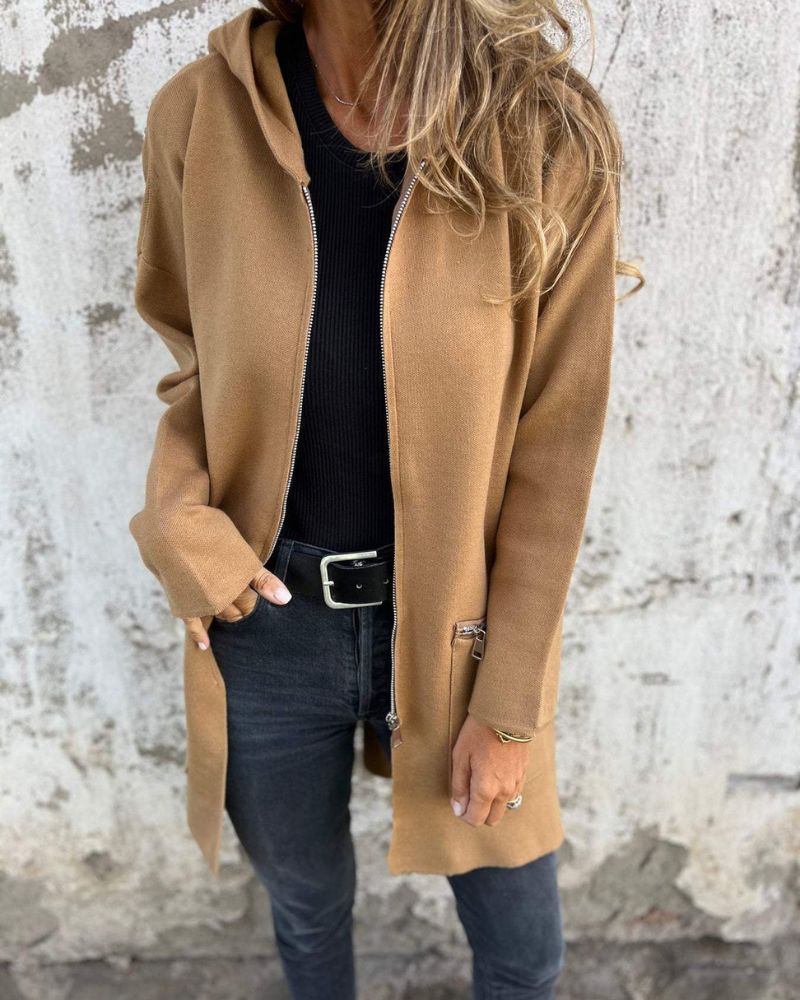 Women's Longline Hooded Zip-Up Knit Cardigan