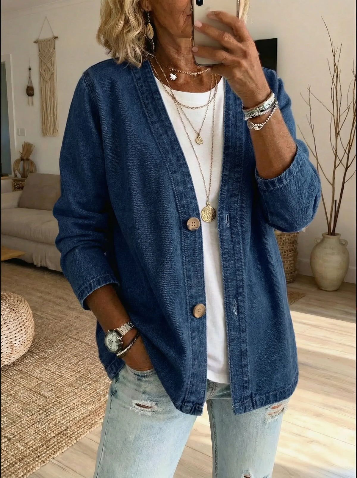 Women's Button-Front Denim Cardigan