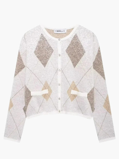 Women's Cropped Argyle Knit Cardigan