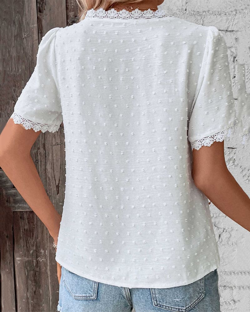 Women's Swiss Dot Blouse with Lace Trim