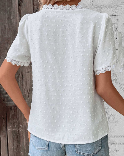 Women's Swiss Dot Blouse with Lace Trim