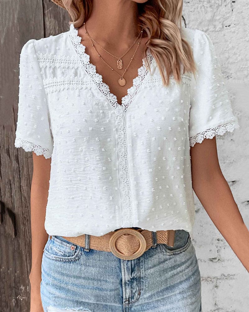 Women's Swiss Dot Blouse with Lace Trim