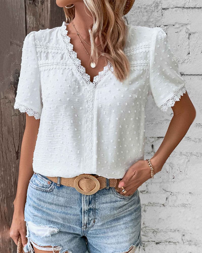Women's Swiss Dot Blouse with Lace Trim