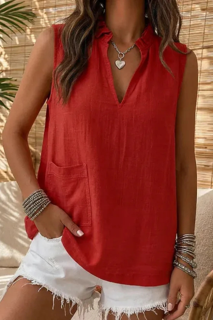 Women's Sleeveless Ruffle-Collar Linen-Look Top
