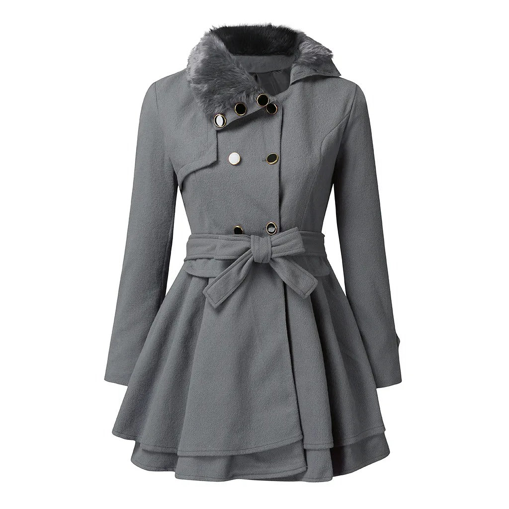 Women's Belted Faux Fur Trim Winter Coat