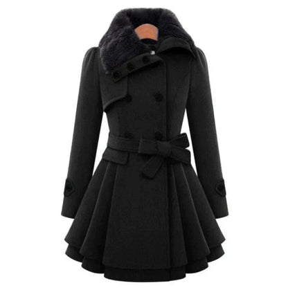 Women's Belted Faux Fur Trim Winter Coat