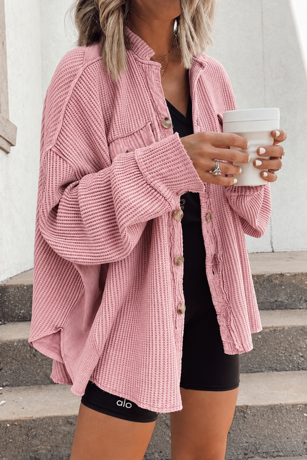 Women's Oversized Waffle-Knit Shacket with Frayed Edges
