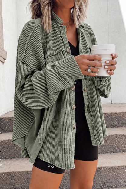 Women's Oversized Waffle-Knit Shacket with Frayed Edges
