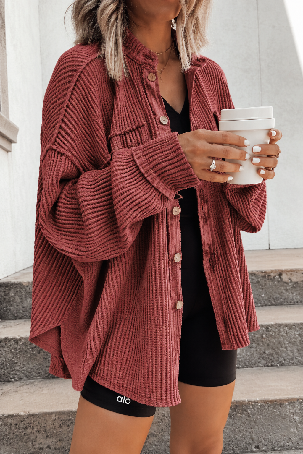 Women's Oversized Waffle-Knit Shacket with Frayed Edges