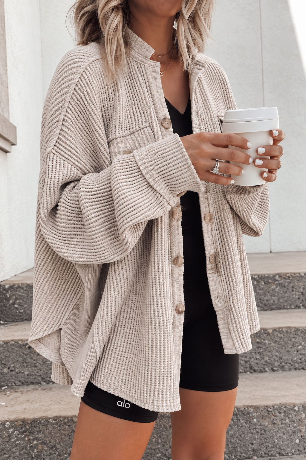 Women's Oversized Waffle-Knit Shacket with Frayed Edges