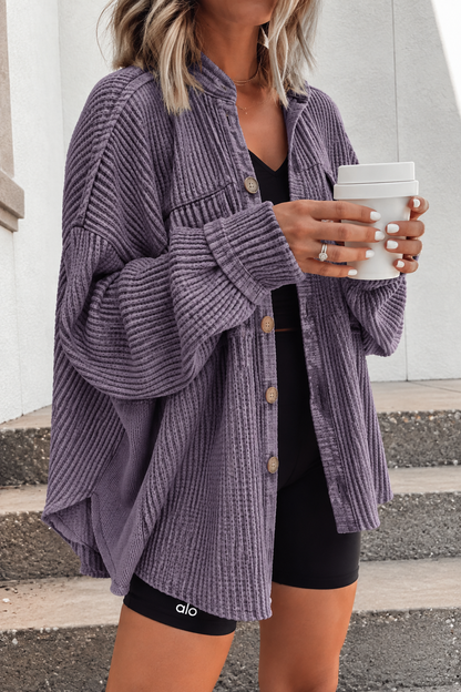 Women's Oversized Waffle-Knit Shacket with Frayed Edges