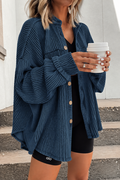 Women's Oversized Waffle-Knit Shacket with Frayed Edges