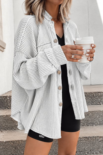 Women's Oversized Waffle-Knit Shacket with Frayed Edges