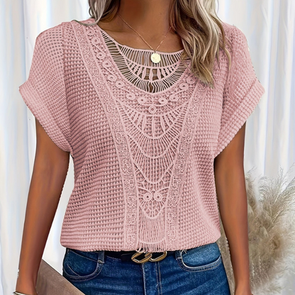 Women's Waffle-Knit Tee with Lace Front Panel