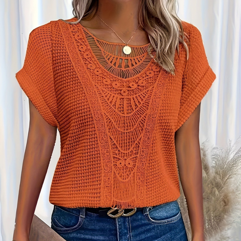 Women's Waffle-Knit Tee with Lace Front Panel