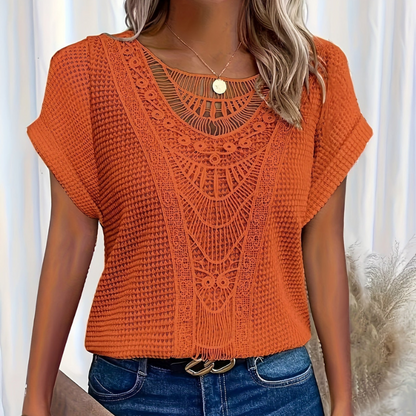 Women's Waffle-Knit Tee with Lace Front Panel