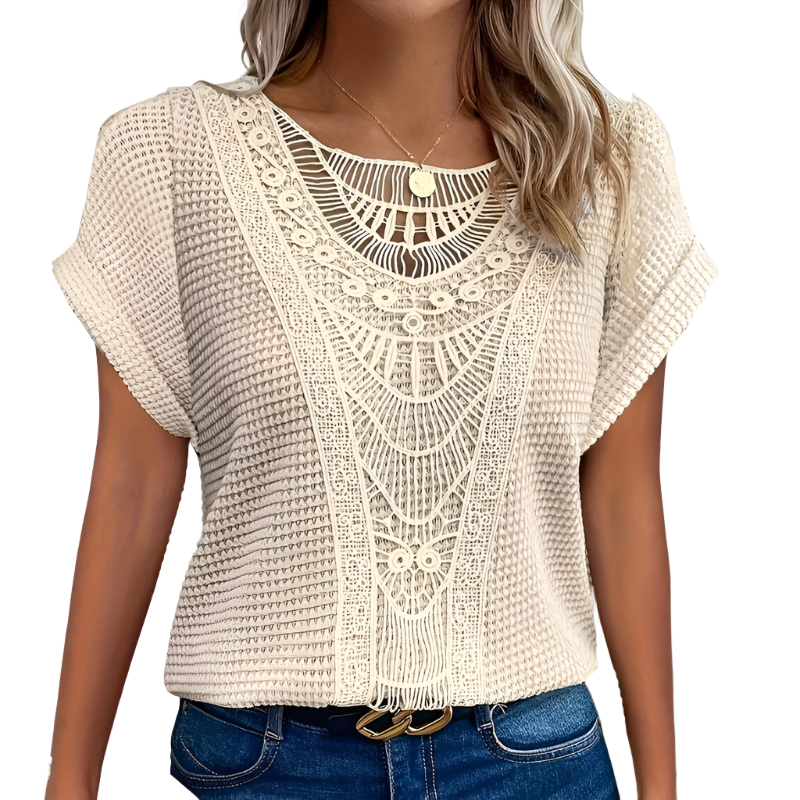Women's Waffle-Knit Tee with Lace Front Panel