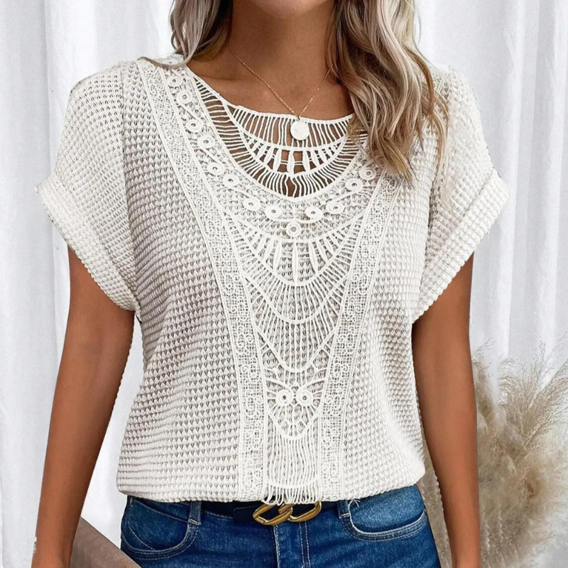 Women's Waffle-Knit Tee with Lace Front Panel