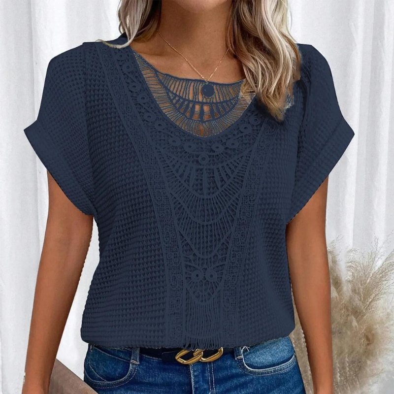 Women's Waffle-Knit Tee with Lace Front Panel