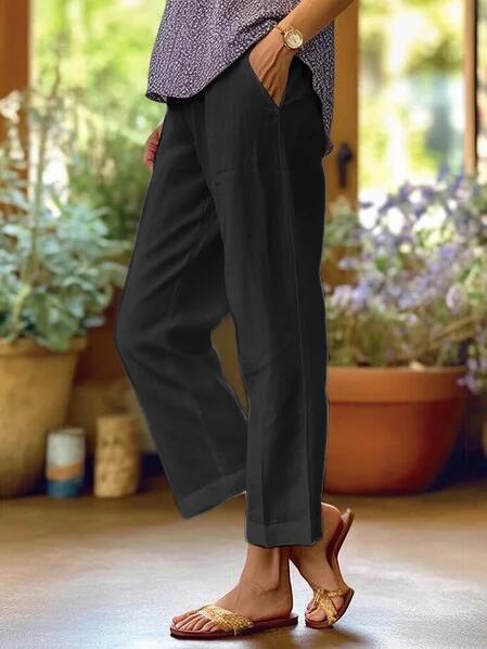 Women's Cropped Linen-Look Straight-Leg Trousers with Turn-Up Hem