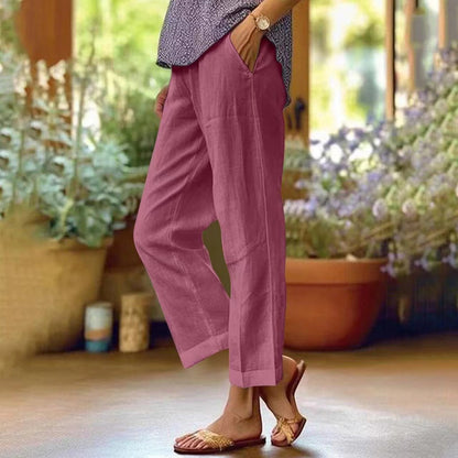 Women's Cropped Linen-Look Straight-Leg Trousers with Turn-Up Hem