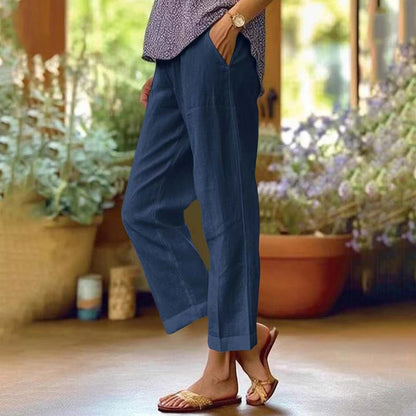 Women's Cropped Linen-Look Straight-Leg Trousers with Turn-Up Hem