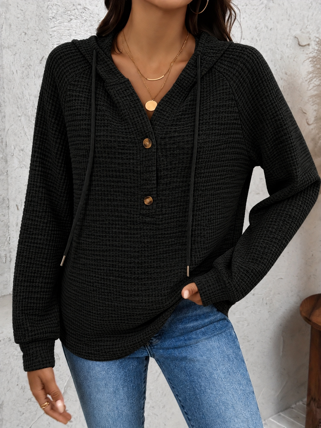 Women's Waffle-Knit Hoodie with Button Neckline