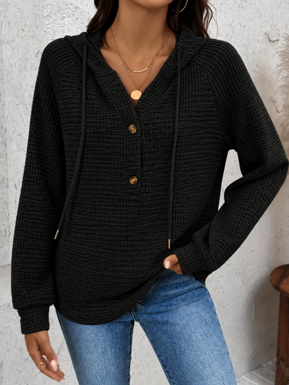 Women's Waffle-Knit Hoodie with Button Neckline